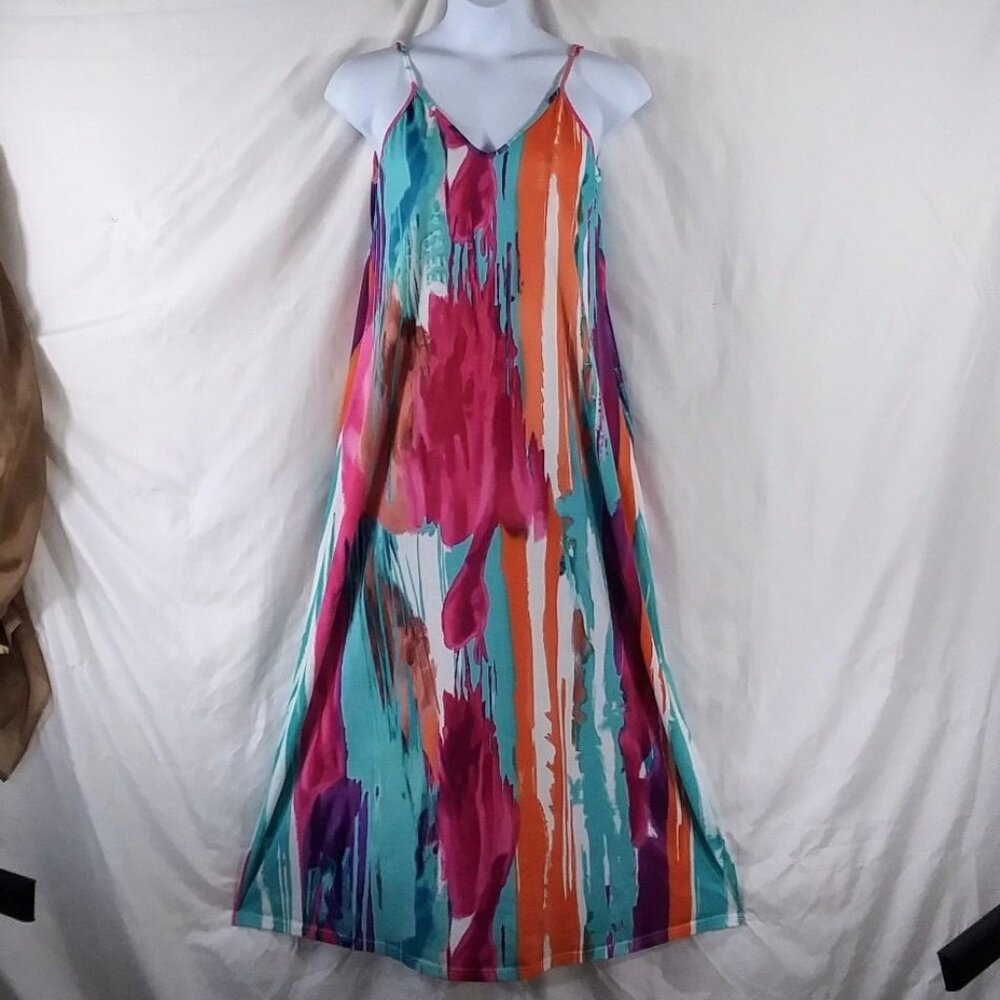 Source Unknown Women's Blue Orange Sleeveless Pockets Flared Midi Dress Size M